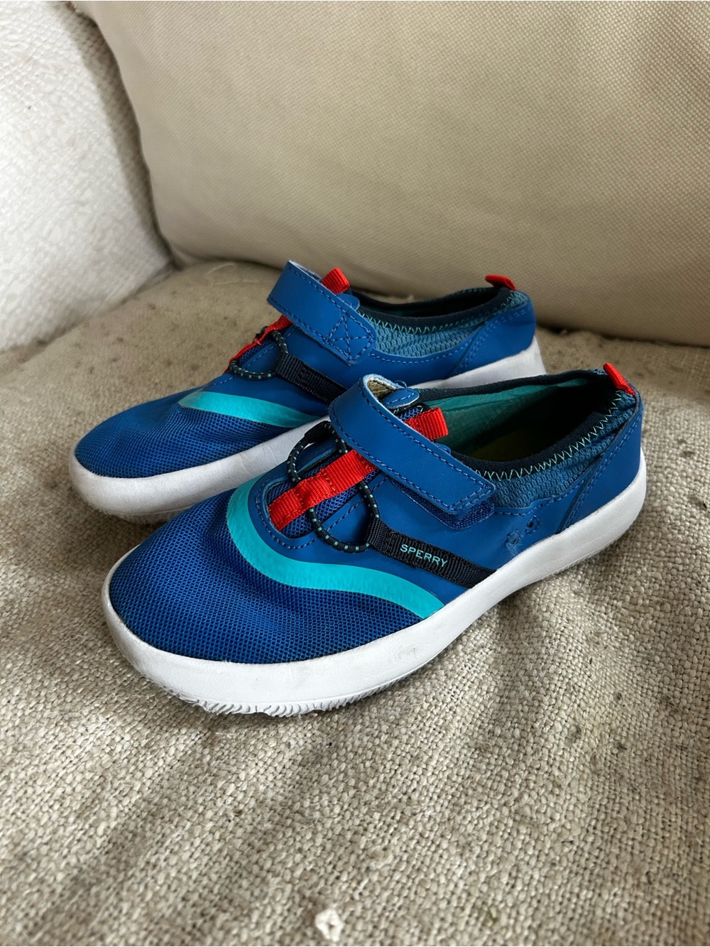 Sperry Kids Blue and Teal Slip-On Water Shoes with Red Accent